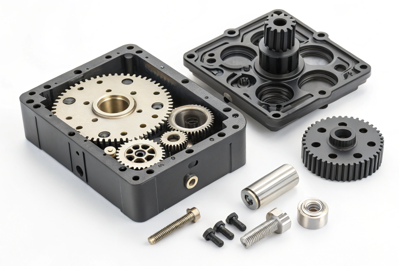 Mechanical gearbox parts with CNC machined gears and fasteners