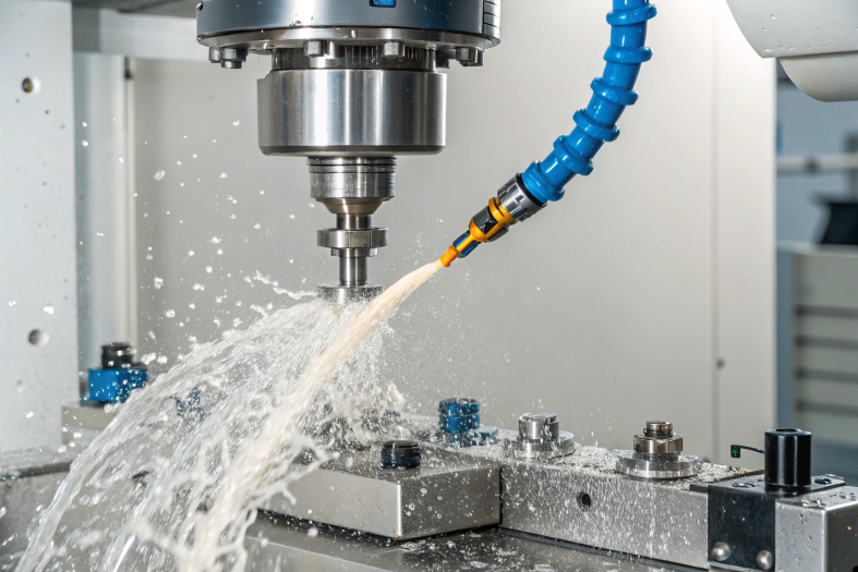 Precision CNC cutting operation with coolant flow, close-up view