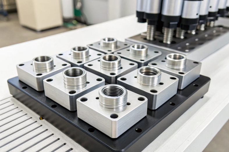 CNC machined round aluminum part with threaded holes and a brushed finish