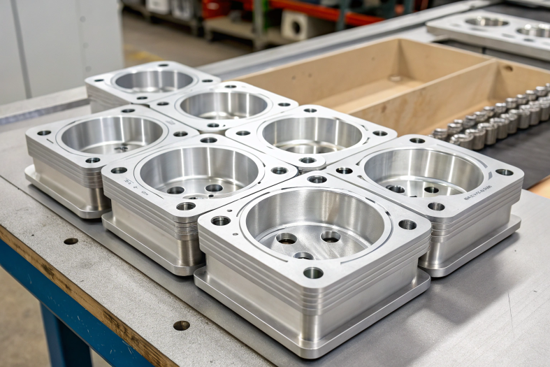 Stacked aluminum CNC machined components with multiple bolt holes, emphasizing uniform production