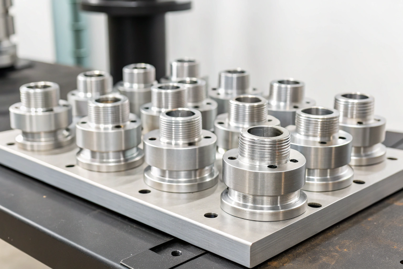 Batch of identical CNC machined parts with threaded surfaces, demonstrating high precision and uniformity