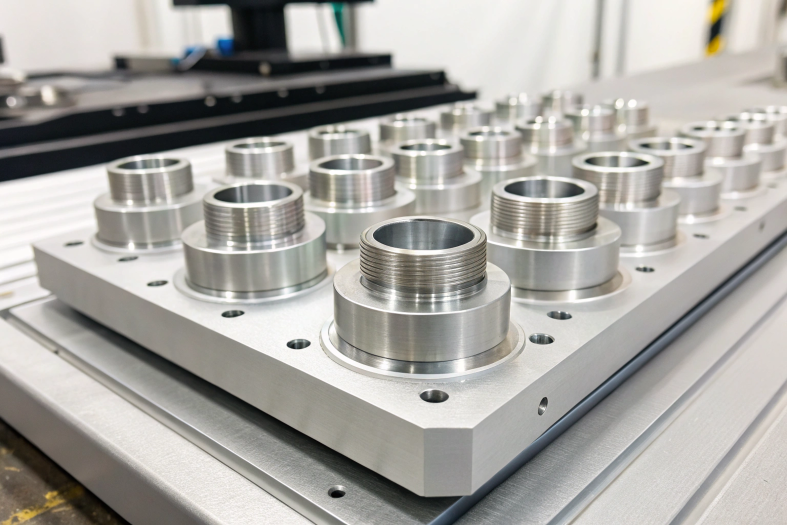 CNC machined threaded parts, arranged in rows for inspection
