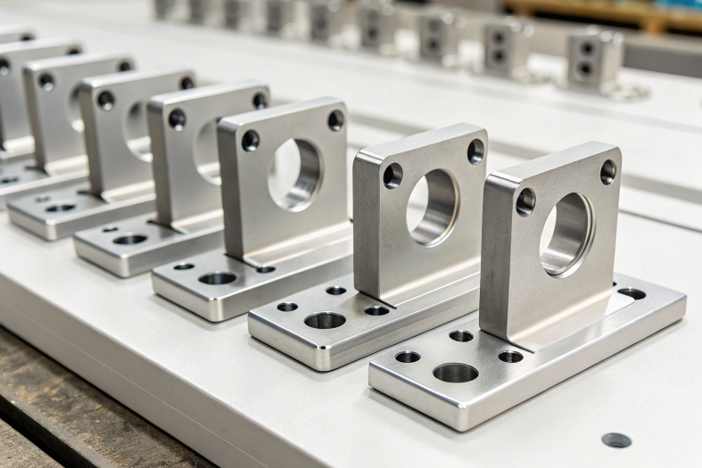 Lineup of identical CNC machined brackets with precise hole patterns