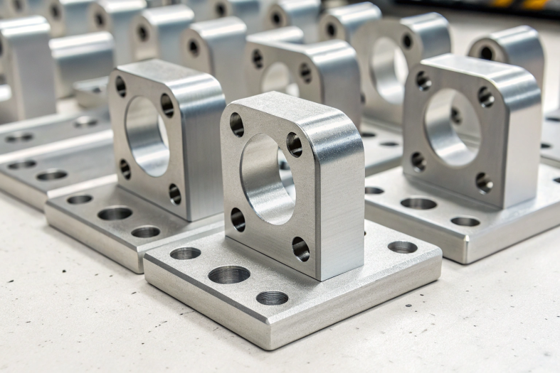 Batch of identical aluminum CNC machined parts arranged neatly, highlighting manufacturing consistency