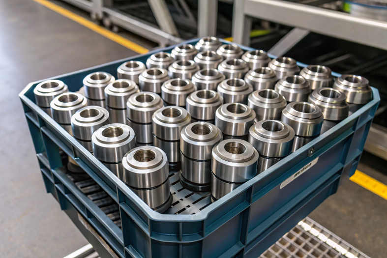 Detailed knurled machined parts with threaded connections and polished finishes
