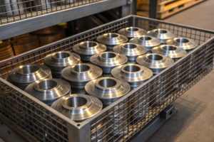 High-precision machined components, showcasing polished surfaces and grooves