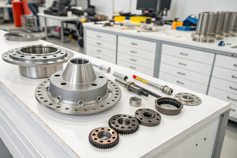 Aerospace parts and gear components on a workbench, emphasizing intricate machining and design