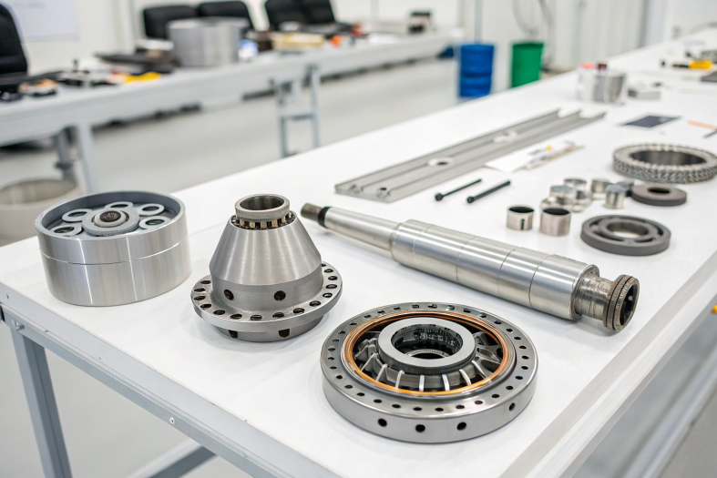 Aerospace components and precision-engineered parts displayed on a workbench