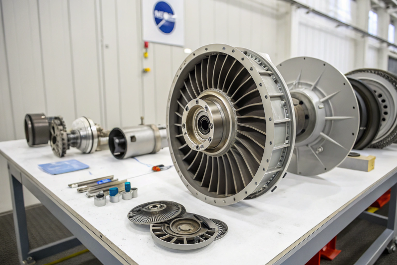 Aerospace turbine components placed on a workbench, showcasing precision engineering and manufacturing quality