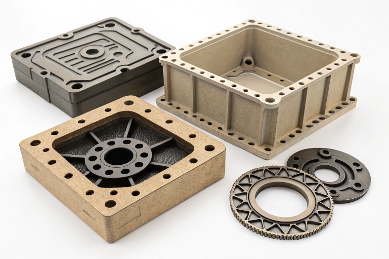 CNC machined parts, close-up of box and circular components