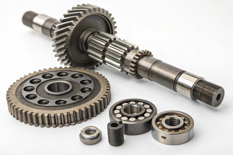 CNC parts, aluminum threaded components arranged on a tray