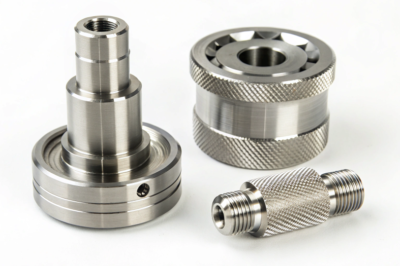 Polished threaded components with detailed grooves and CNC finishes
