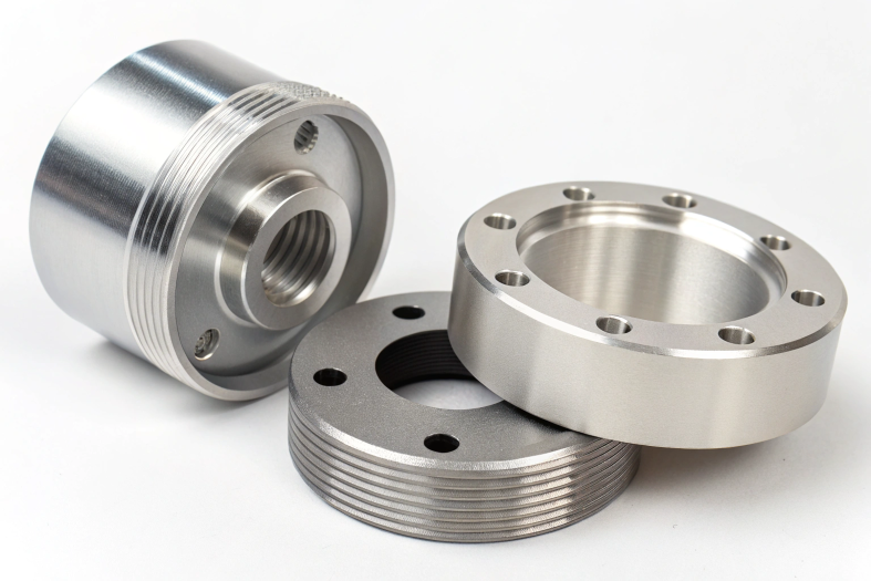 CNC machined aluminum components, highlighting detailed threading and finishes