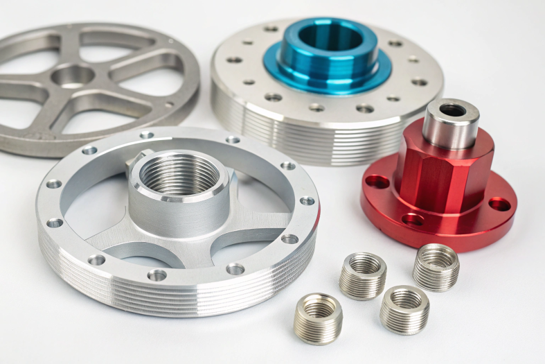 Variety of anodized and threaded aluminum CNC parts on display