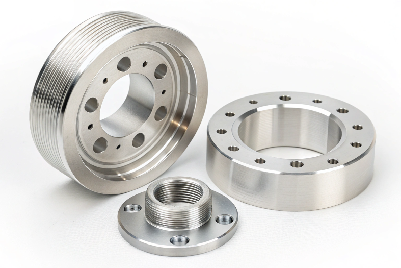 Precision aluminum components, showcasing CNC threading and smooth finishes