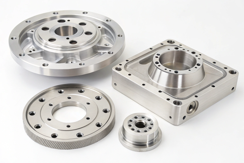 CNC machined components for industrial applications, featuring intricate detailing