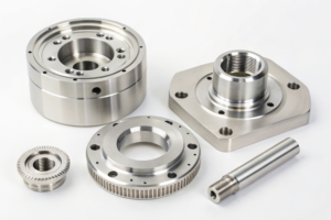 Metallic automotive components, highlighting polished finishes and threading