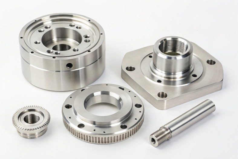 Metallic automotive components, highlighting polished finishes and threading