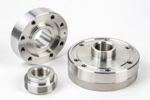 Close-up of CNC parts with textured edges and threaded design