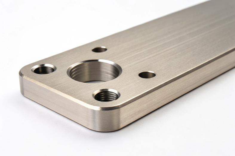 Close-up of CNC machined plate with precision threading and smooth surface finish