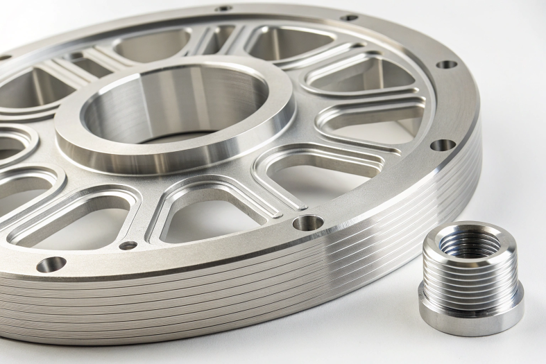Large CNC machined aluminum component with intricate threading and lightweight design
