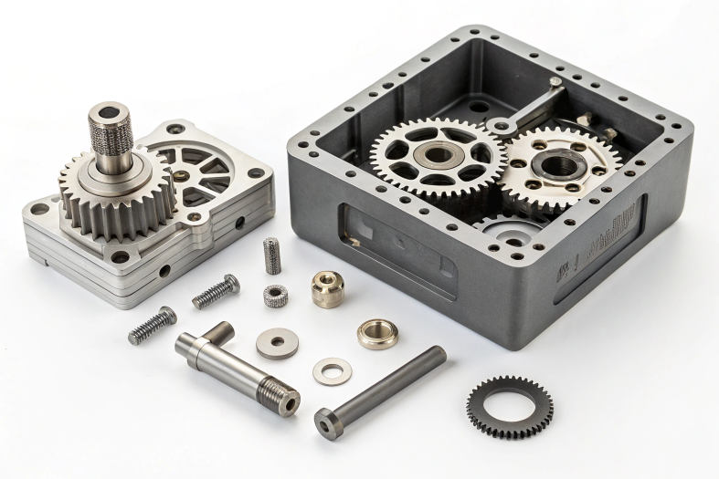 Disassembled gearbox with high-precision CNC machined components