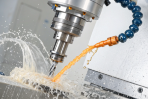 CNC machine cutting with cooling fluid, ensuring precision machining