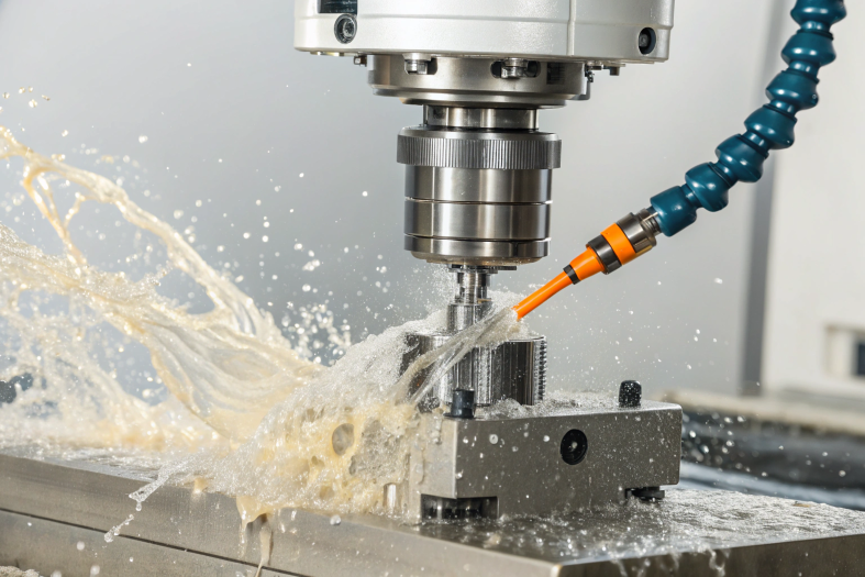 High-speed CNC machining with cutting fluid splash, precision manufacturing