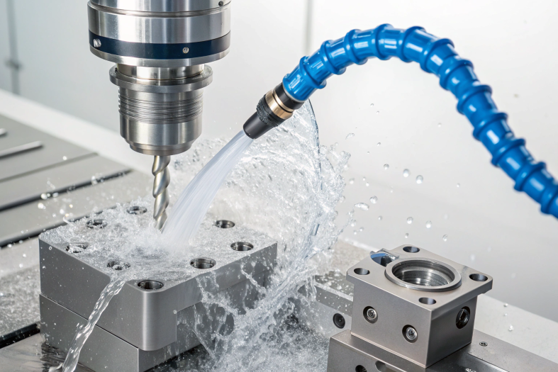 CNC milling machine with cutting fluid, close-up of machining operation