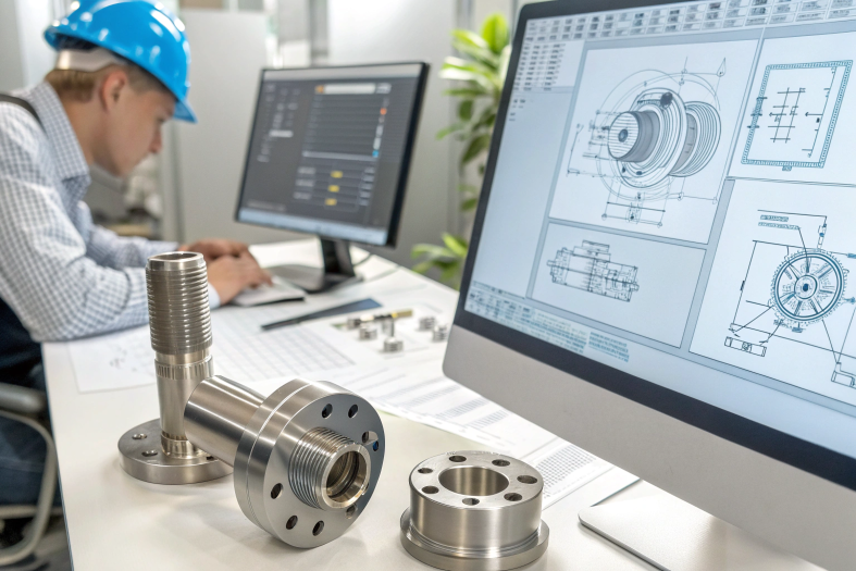 Engineer designing CNC machined parts on CAD software with precision components displayed