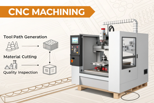 CNC Machining, illustrating tool path generation, material cutting, and quality inspection