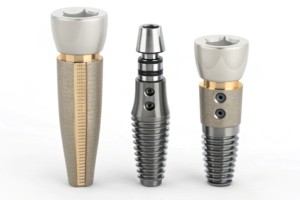 Dental implants and surgical joint implants, showcasing precision machining