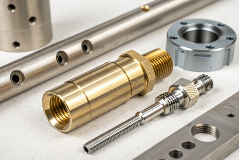 Precision-engineered parts made from brass, aluminum, and stainless steel