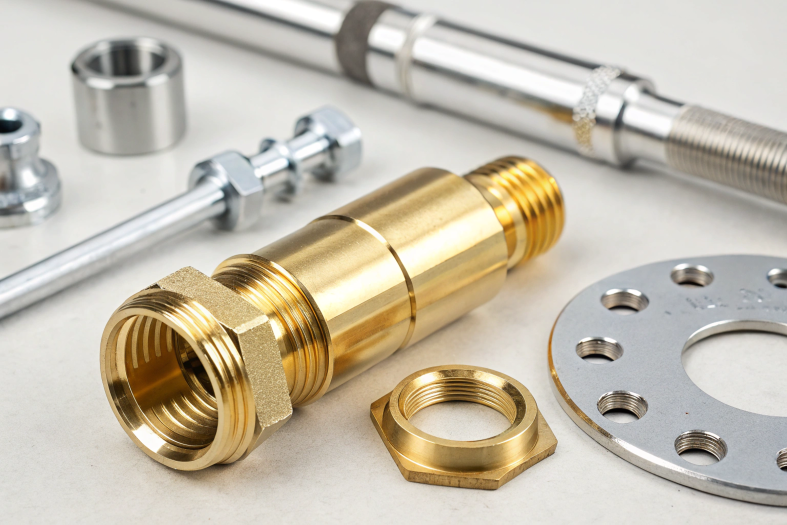 Brass and stainless steel components with threaded details, demonstrating custom machining capabilities
