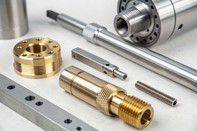 CNC machined parts made of brass, aluminum, and stainless steel, showcasing precision and quality