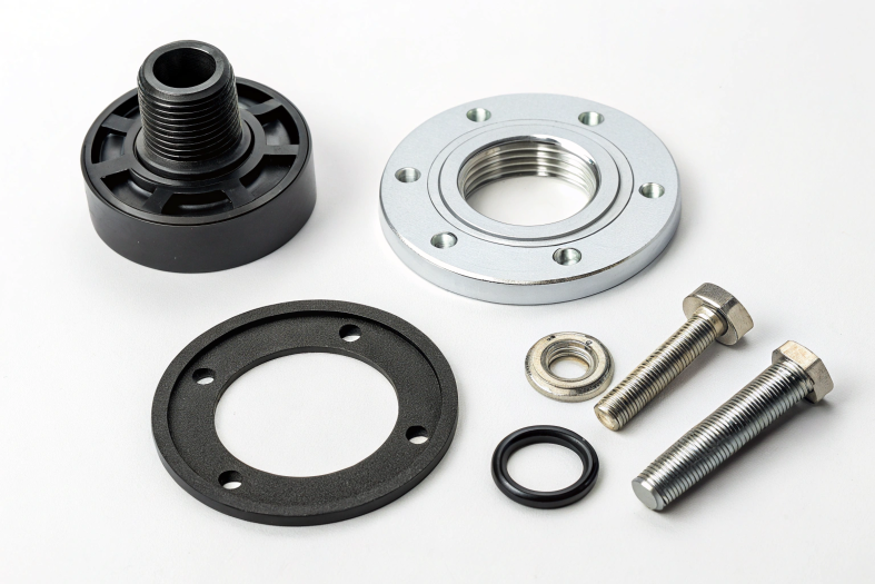 Precision CNC machined parts including gaskets, bolts, and flanges for industrial applications