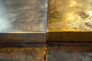 Comparison of raw steel and brass blocks, showcasing material contrast and texture