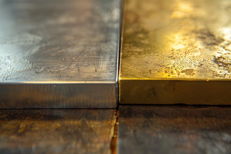 Comparison of raw steel and brass blocks, showcasing material contrast and texture