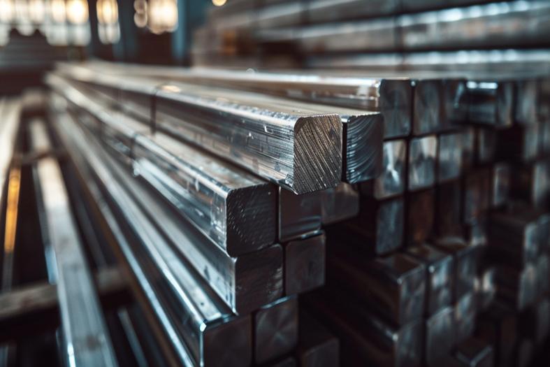 Stacks of square steel bars, showcasing raw material for precision engineering