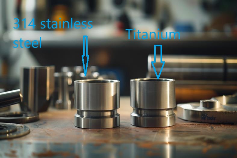 Comparison of machined components: 314 stainless steel vs titanium, showcasing material properties
