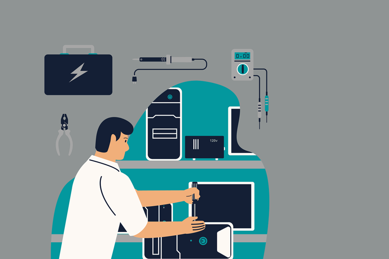 Technician repairing CNC with tools and equipment