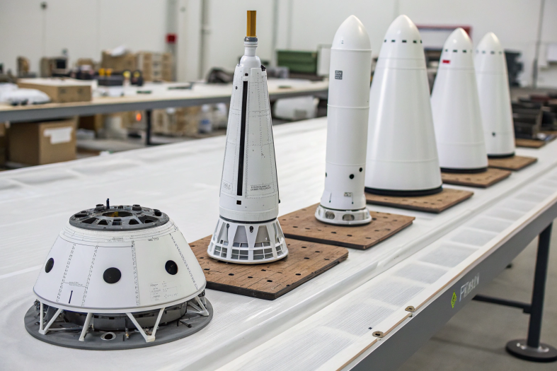 SpaceX rocket parts arranged systematically on a workbench, emphasizing advanced aerospace technology