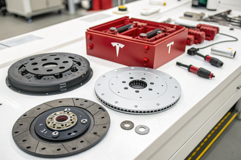 Tesla brake discs and electronic parts displayed neatly, highlighting automotive innovation
