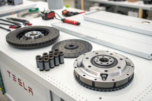 Tesla motor parts on a workbench, showcasing precision manufacturing