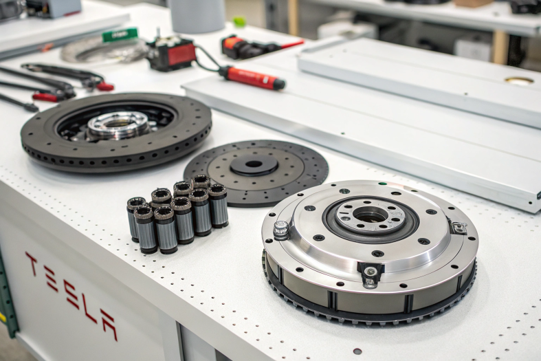 Tesla motor parts on a workbench, showcasing precision manufacturing
