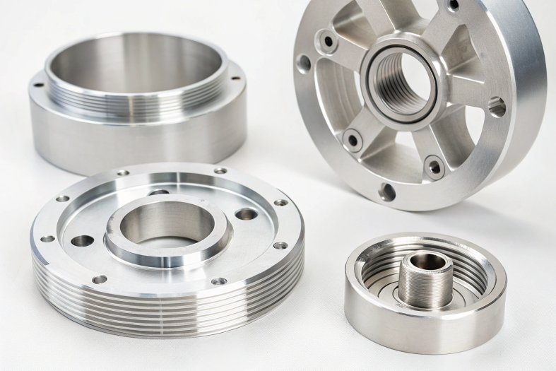 Close-up of circular machined aluminum parts, threaded and smooth surfaces