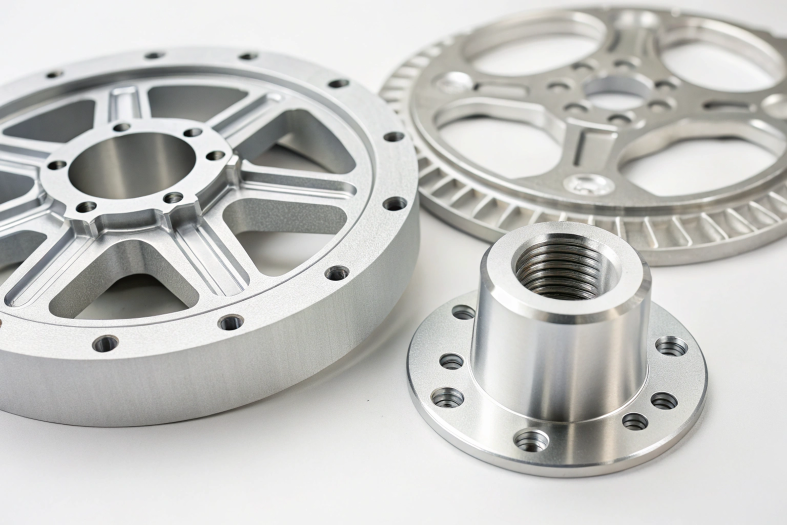 Precision aluminum parts, close-up view of CNC machined components