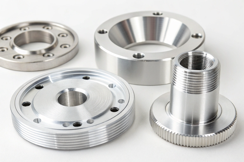 Close-up of aluminum components, showcasing precision machining details