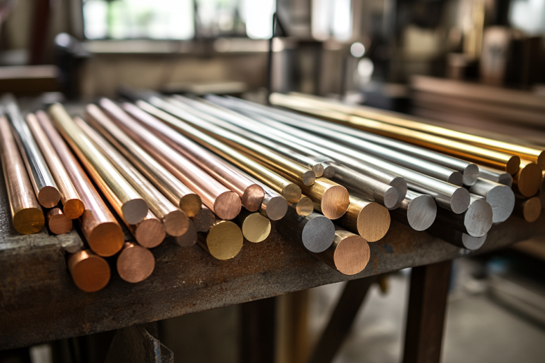Metal rods on workbench, various materials including copper and steel