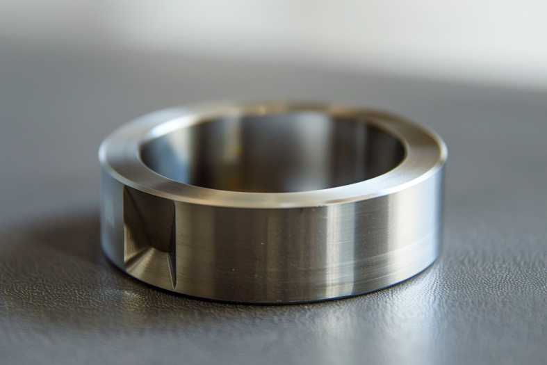 Close-up of a precision-machined tungsten metal ring, showcasing smooth surface finish